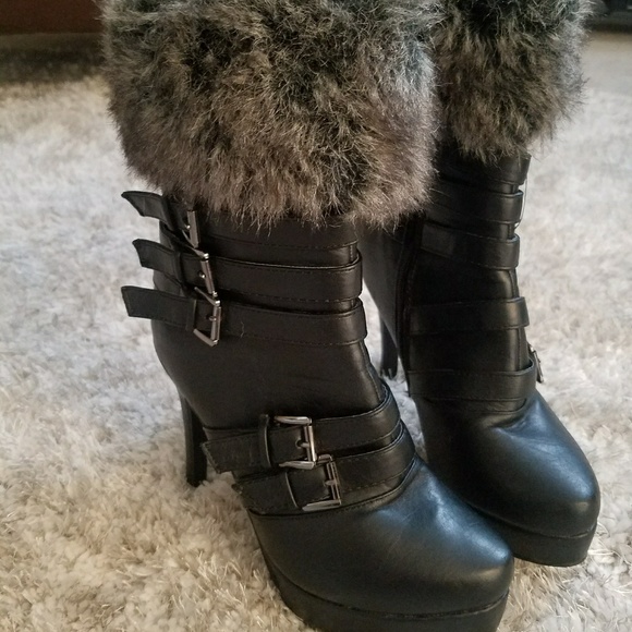 Shoes - Black Faux Fur leather strap boots
